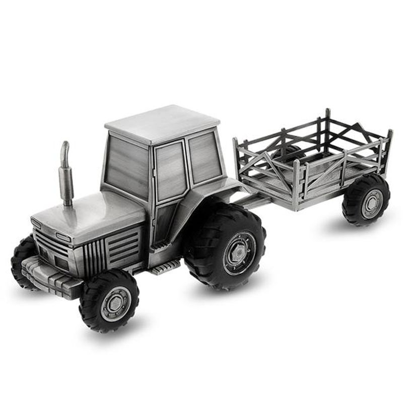 Fortinnet sparebøsse, traktor med tilhenger.