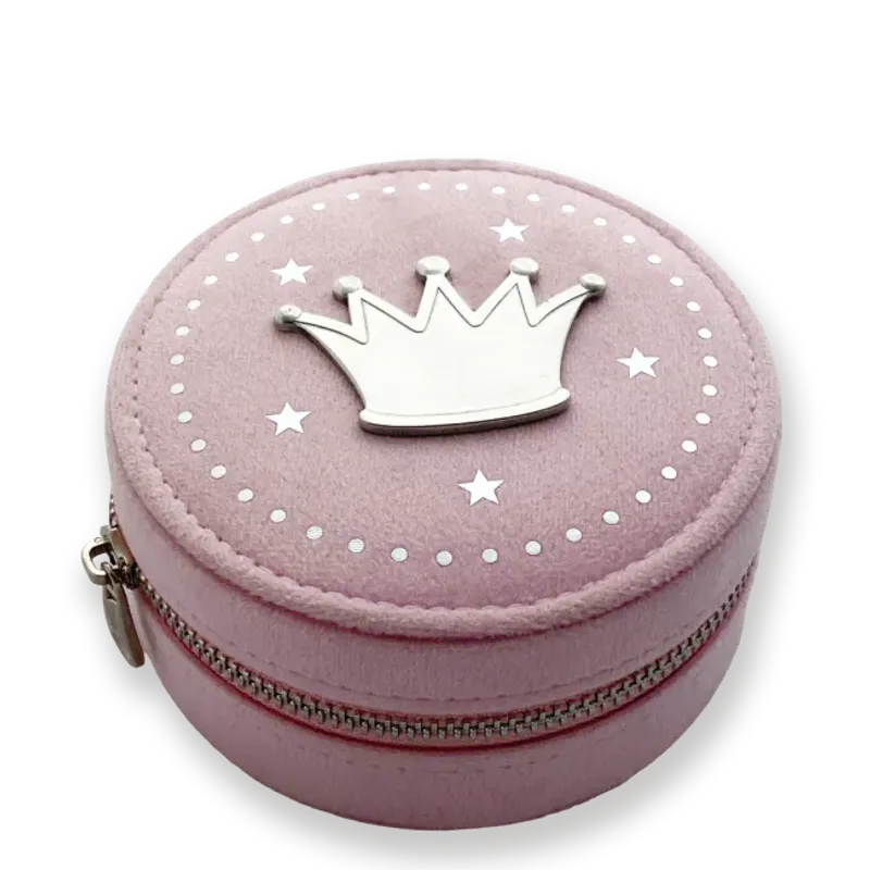 Rosa Rundt velour smykkeskrin med ekte tinn krone