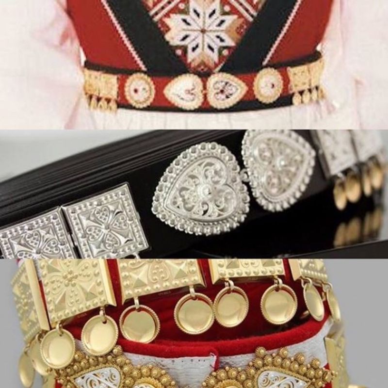 Bunadsbelte sølv med gullforgylte skåler og hjertespenne